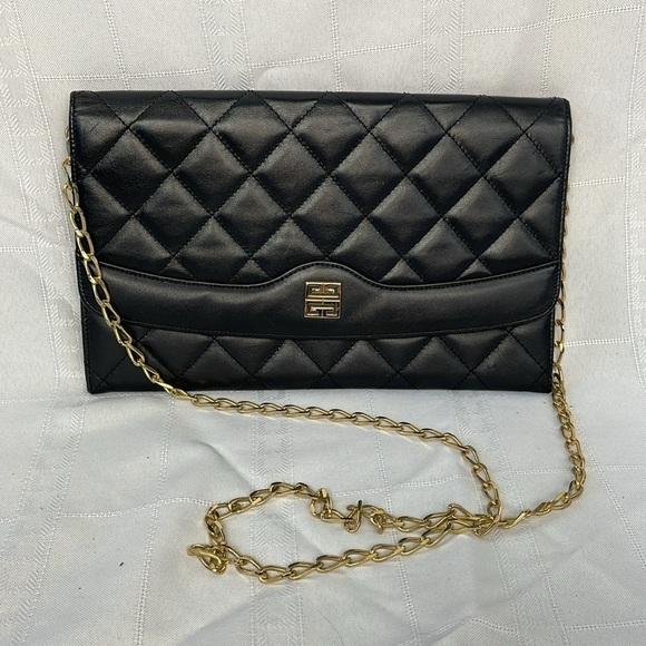 Givenchy Black Quilted Leather Flat Clutch Flap Bag on Chain Small Night Out - Picture 1 of 17